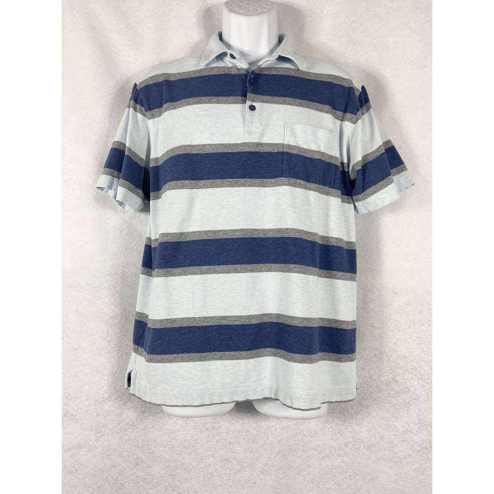 Patagonia Polo Shirt Mens Medium Blue Gray Short Sleeve Striped Organic Cotton